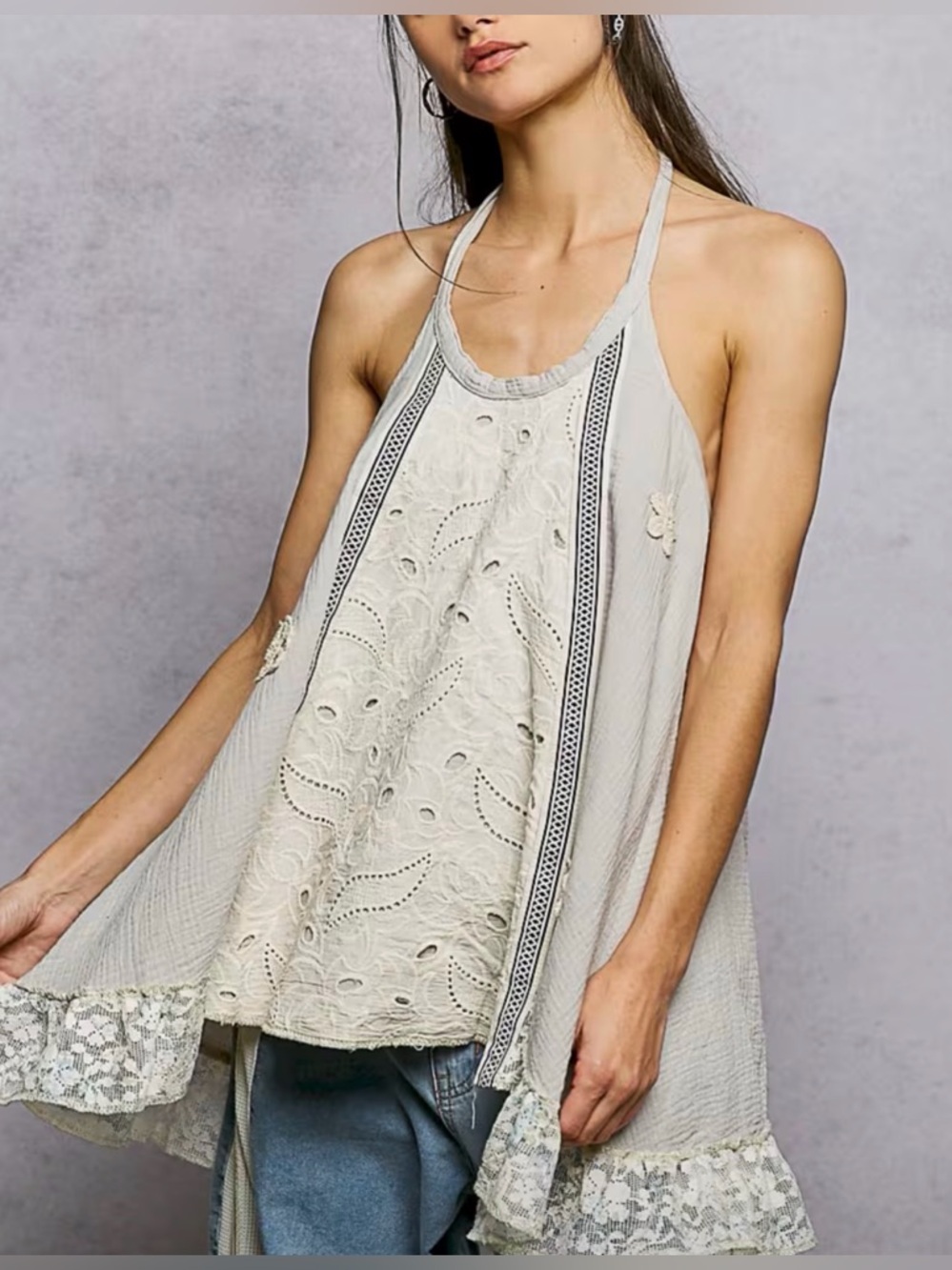 POL SWING LACE TRIM HALTER TOP